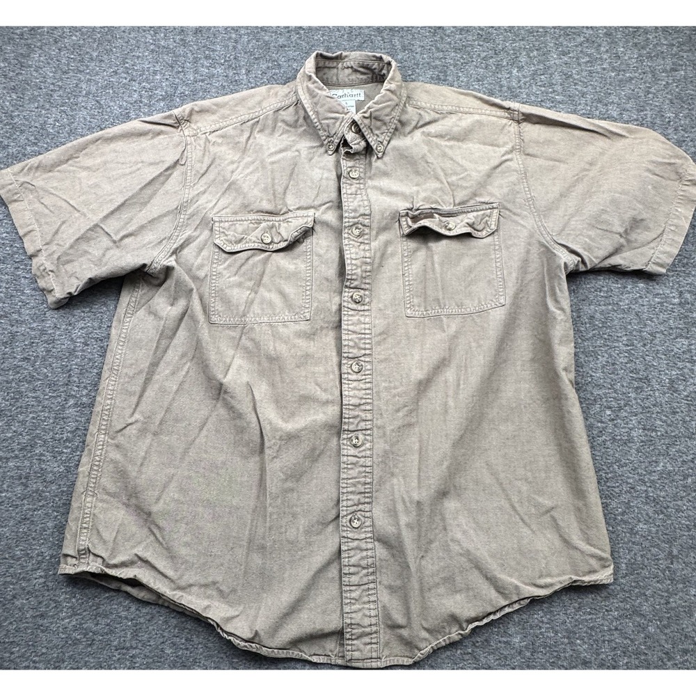 Carhartt Shirt Mens Large Tan Plaid Button Down Short Sleeve Workwear S118 MSC - Picture 1 of 16